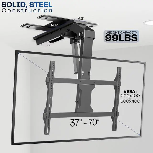 Alt view image 3 of 7 - Swivel Electric Ceiling TV Mount, 37 to 70 in Screens, MOUNT-E-FD75C-S | Black, Swiveling, Large Motorized Flip Down, Flat Roof VESA Mount, Heavy Duty Steel, App and Voice Control, Holds 99 lbs