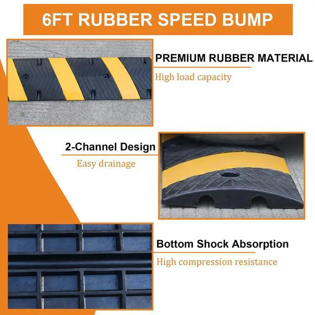 Alt view image 3 of 7 - 2-Pack 6Ft Rubber Speed Bump, Speed Hump Cable Protector Ramp | 2 Channel, with Bolts for Asphalt Concrete Driveway Gravel 72x11.8x1.8 inch