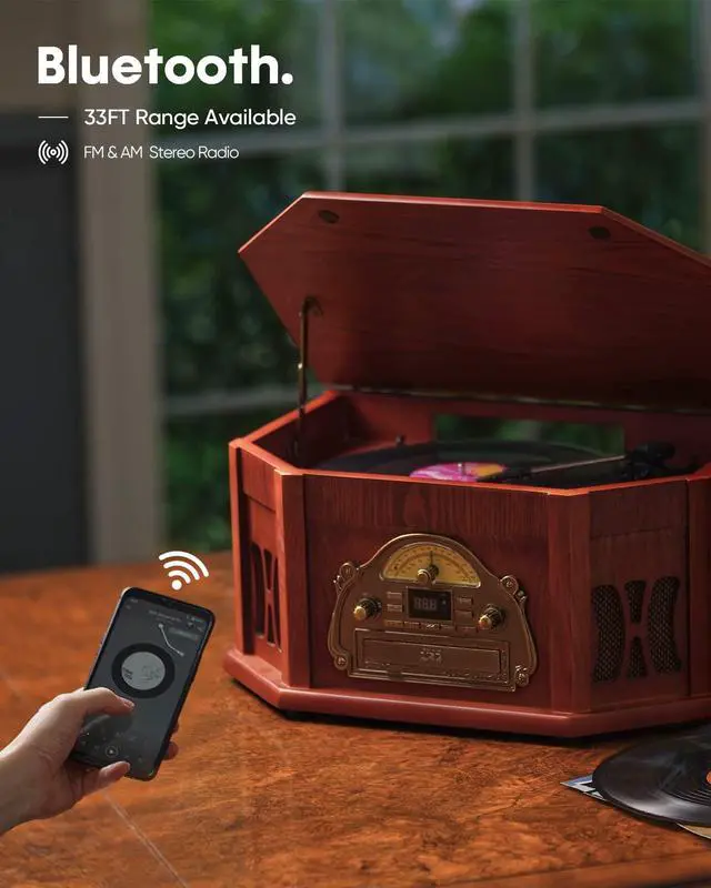 Alt view image 4 of 6 - 10-in-1 Record Player, Nostalgic Turntable for Vinyl Record with Bluetooth, 2 Built-in Speakers, CD, Cassette, AM/FM Radio, USB, SD Slot, Remote Control