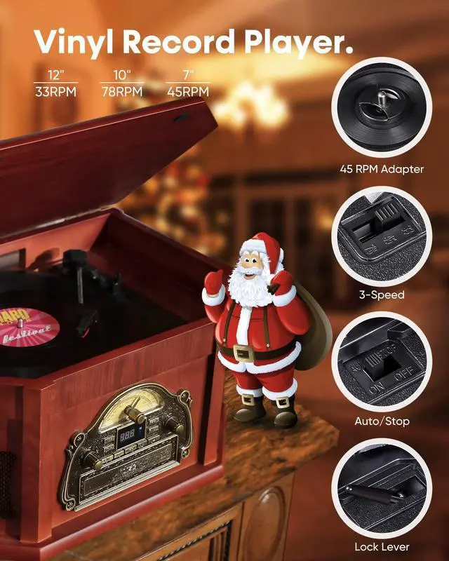 Alt view image 3 of 6 - 10-in-1 Record Player, Nostalgic Turntable for Vinyl Record with Bluetooth, 2 Built-in Speakers, CD, Cassette, AM/FM Radio, USB, SD Slot, Remote Control