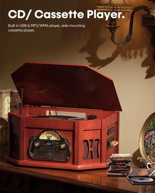 Alt view image 5 of 6 - 10-in-1 Record Player, Nostalgic Turntable for Vinyl Record with Bluetooth, 2 Built-in Speakers, CD, Cassette, AM/FM Radio, USB, SD Slot, Remote Control