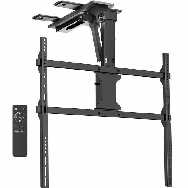 Main image of Black Electric Ceiling TV Mount for 37 to 86 in Screens, MOUNT-E-FD85C | Large Motorized Flip Down TV Mount, Pitched Roof VESA Mount, Heavy Duty Steel, App and Voice Control, Holds 121 lbs