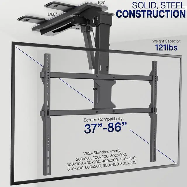 Alt view image 3 of 7 - Black Electric Ceiling TV Mount for 37 to 86 in Screens, MOUNT-E-FD85C | Large Motorized Flip Down TV Mount, Pitched Roof VESA Mount, Heavy Duty Steel, App and Voice Control, Holds 121 lbs