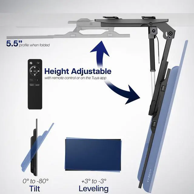 Alt view image 4 of 7 - Black Electric Ceiling TV Mount for 37 to 86 in Screens, MOUNT-E-FD85C | Large Motorized Flip Down TV Mount, Pitched Roof VESA Mount, Heavy Duty Steel, App and Voice Control, Holds 121 lbs