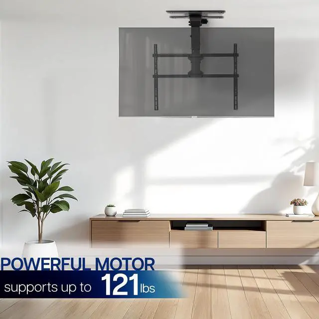 Alt view image 2 of 7 - Black Electric Ceiling TV Mount for 37 to 86 in Screens, MOUNT-E-FD85C | Large Motorized Flip Down TV Mount, Pitched Roof VESA Mount, Heavy Duty Steel, App and Voice Control, Holds 121 lbs
