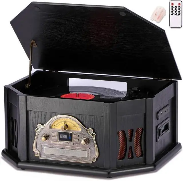 Main image of 10-in-1 Record Player, Nostalgic Turntable for Vinyl Record with Bluetooth, 2 Built-in Speakers, CD, Cassette, AM/FM Radio, USB, SD Slot, Remote Control
