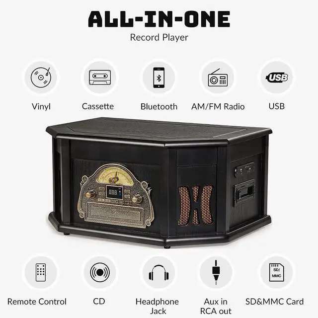 Alt view image 3 of 7 - 10-in-1 Record Player, Nostalgic Turntable for Vinyl Record with Bluetooth, 2 Built-in Speakers, CD, Cassette, AM/FM Radio, USB, SD Slot, Remote Control