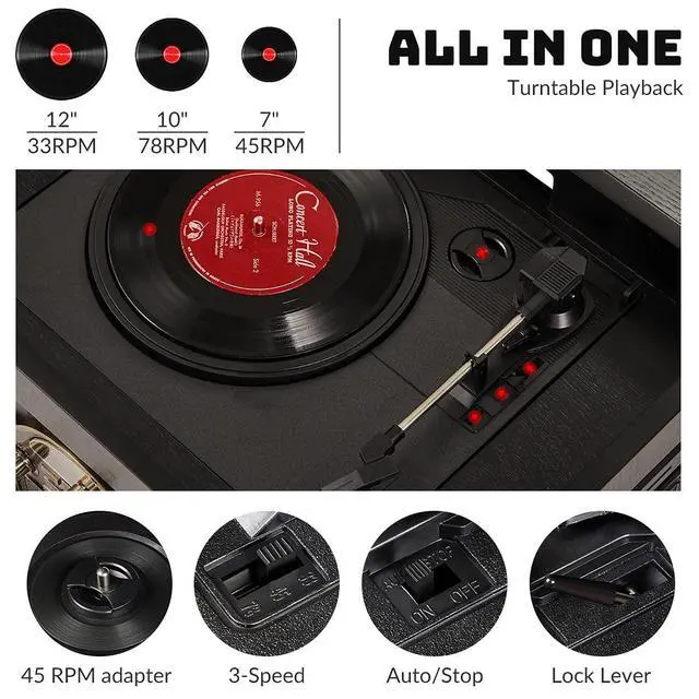 Alt view image 4 of 7 - 10-in-1 Record Player, Nostalgic Turntable for Vinyl Record with Bluetooth, 2 Built-in Speakers, CD, Cassette, AM/FM Radio, USB, SD Slot, Remote Control