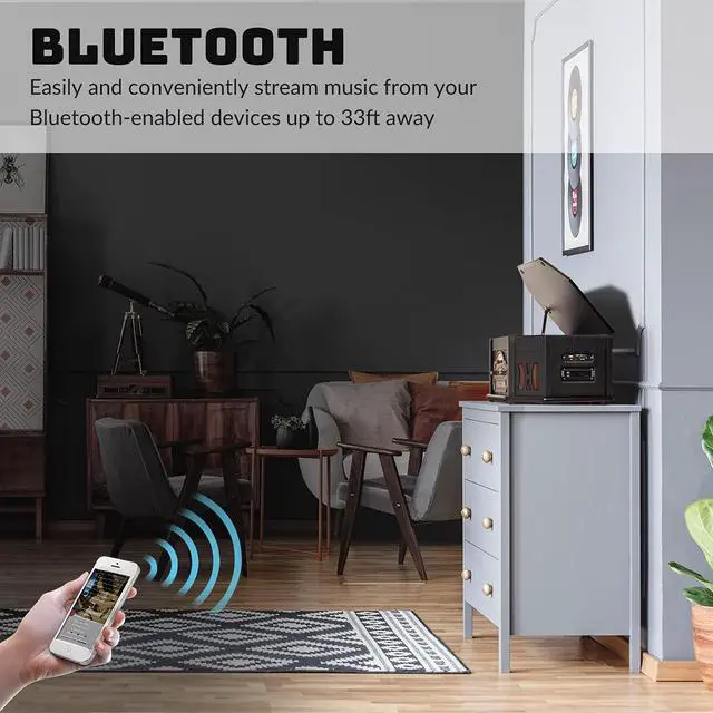 Alt view image 5 of 7 - 10-in-1 Record Player, Nostalgic Turntable for Vinyl Record with Bluetooth, 2 Built-in Speakers, CD, Cassette, AM/FM Radio, USB, SD Slot, Remote Control