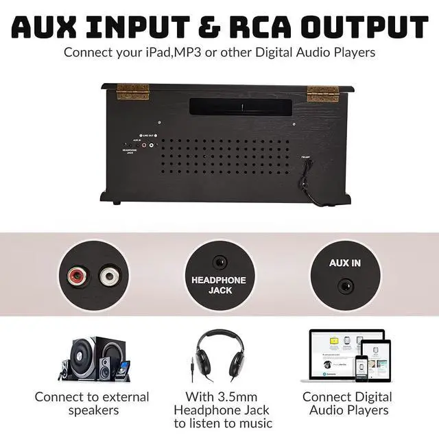 Alt view image 6 of 7 - 10-in-1 Record Player, Nostalgic Turntable for Vinyl Record with Bluetooth, 2 Built-in Speakers, CD, Cassette, AM/FM Radio, USB, SD Slot, Remote Control