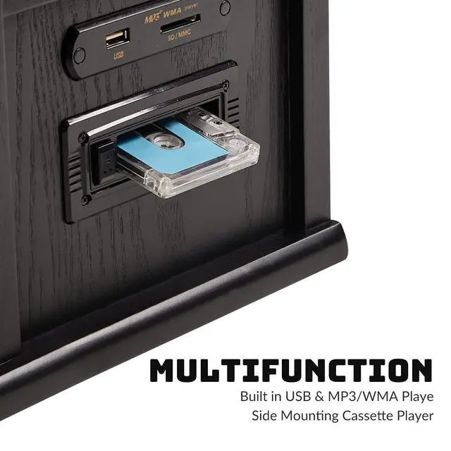 Alt view image 7 of 7 - 10-in-1 Record Player, Nostalgic Turntable for Vinyl Record with Bluetooth, 2 Built-in Speakers, CD, Cassette, AM/FM Radio, USB, SD Slot, Remote Control