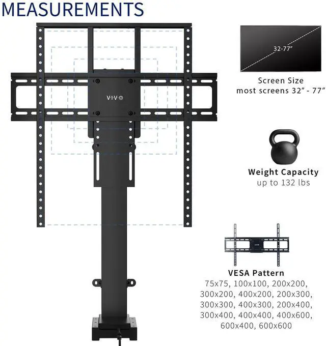 Alt view image 3 of 7 - Motorized Large TV Stand for 37 to 77 inch Screens, MOUNT-E-UP80D | Black, Vertical Lift Television Stand with Remote Control, Compact TV Mount Bracket