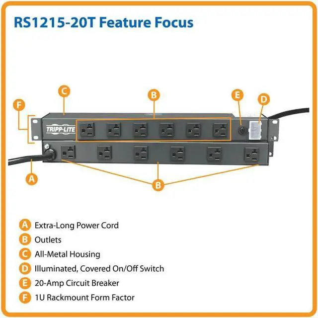 Alt view image 3 of 3 - 12-Outlet Rackmount PDU Power Strip, Six Front & Six Rear Facing Outlets, 20A, 120V, 15ft Cord with L5-20P Plug, Horizontal 1U Rack Mount, Manufacturer's (RS-1215-20T)
