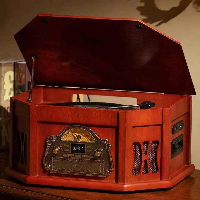 Main image of 10-in-1 Vintage Record Player with Bluetooth, CD, Cassette & Radio | vinyl, CD, cassette, Bluetooth, FM/AM radio, 10 in one vintage wooden record player that complements any home décor