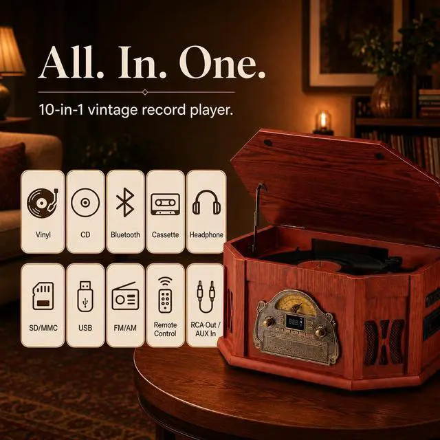Alt view image 2 of 3 - 10-in-1 Vintage Record Player with Bluetooth, CD, Cassette & Radio | vinyl, CD, cassette, Bluetooth, FM/AM radio, 10 in one vintage wooden record player that complements any home décor