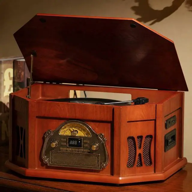 Main image of 10-in-1 Vintage Record Player with Bluetooth, CD, Cassette & Radio | vinyl, CD, cassette, Bluetooth, FM/AM radio, 10 in one vintage wooden record player that complements any home décor