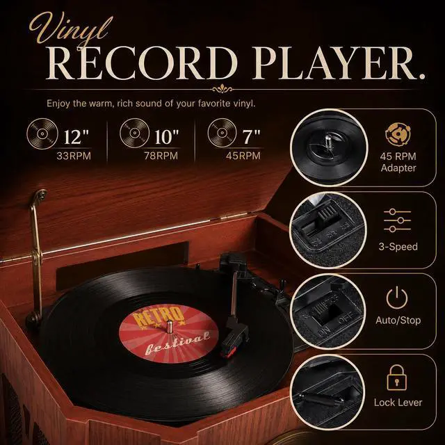 Alt view image 3 of 3 - 10-in-1 Vintage Record Player with Bluetooth, CD, Cassette & Radio | vinyl, CD, cassette, Bluetooth, FM/AM radio, 10 in one vintage wooden record player that complements any home décor