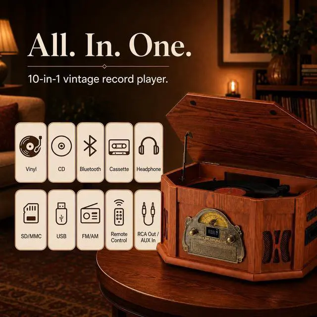 Alt view image 2 of 3 - 10-in-1 Vintage Record Player with Bluetooth, CD, Cassette & Radio | vinyl, CD, cassette, Bluetooth, FM/AM radio, 10 in one vintage wooden record player that complements any home décor
