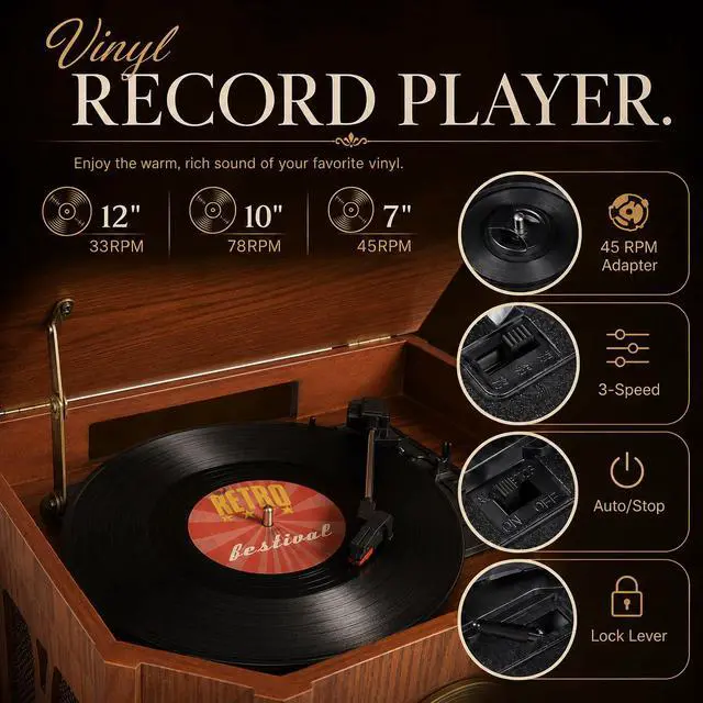Alt view image 3 of 3 - 10-in-1 Vintage Record Player with Bluetooth, CD, Cassette & Radio | vinyl, CD, cassette, Bluetooth, FM/AM radio, 10 in one vintage wooden record player that complements any home décor