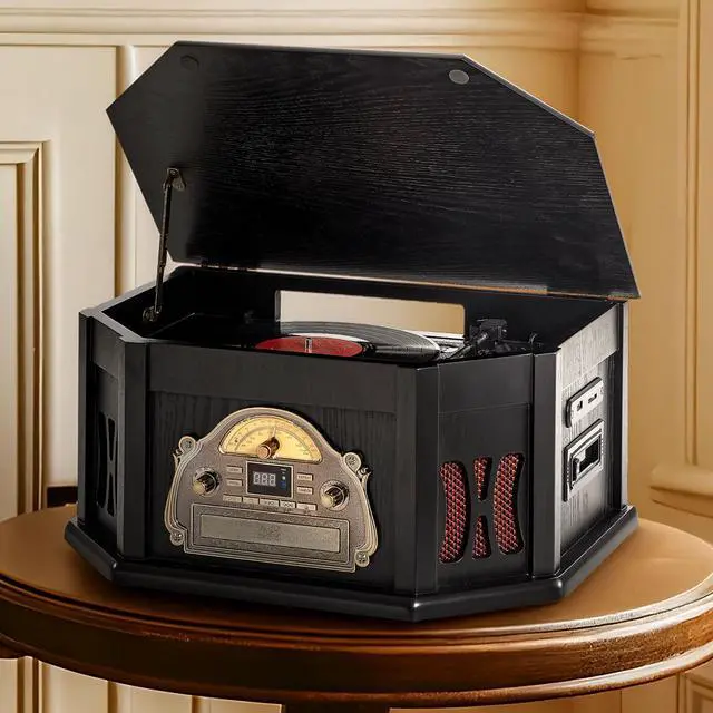Main image of 10-in-1 Vintage Record Player with Bluetooth, CD, Cassette & Radio | vinyl, CD, cassette, Bluetooth, FM/AM radio, 10 in one vintage wooden record player that complements any home décor