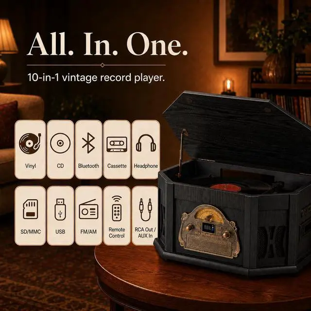Alt view image 2 of 3 - 10-in-1 Vintage Record Player with Bluetooth, CD, Cassette & Radio | vinyl, CD, cassette, Bluetooth, FM/AM radio, 10 in one vintage wooden record player that complements any home décor