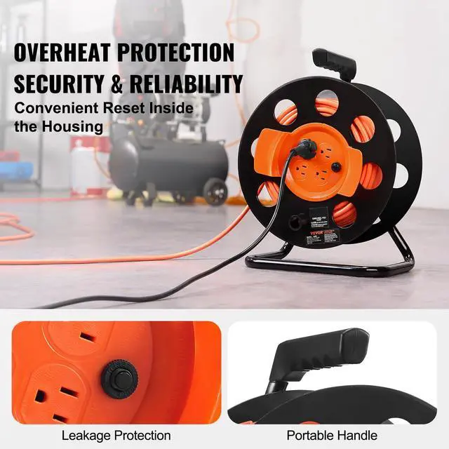 Alt view image 3 of 7 - 100FT Retractable Extension Cord Reel, with 4 Outlets and Dust Cover, Heavy Duty 12AWG SJTOW Power Cord, Portable Handle and Safety Overload Circuit Breaker, for Outdoor Indoor Toolshed Garage