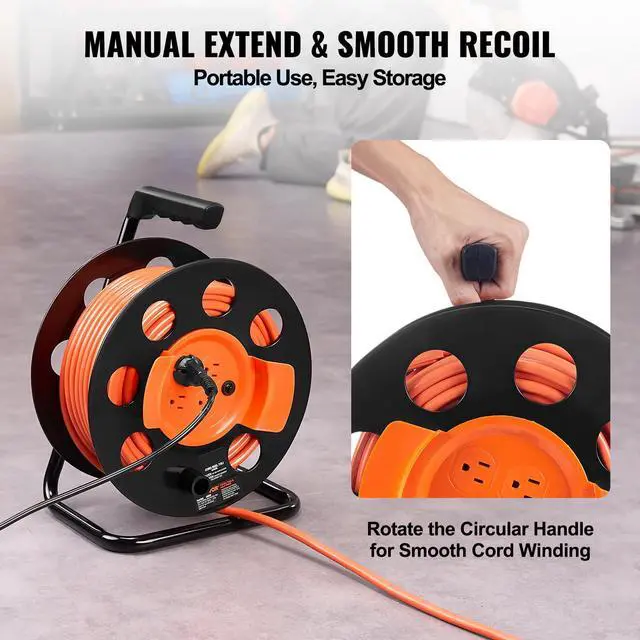 Alt view image 5 of 7 - 100FT Retractable Extension Cord Reel, with 4 Outlets and Dust Cover, Heavy Duty 12AWG SJTOW Power Cord, Portable Handle and Safety Overload Circuit Breaker, for Outdoor Indoor Toolshed Garage
