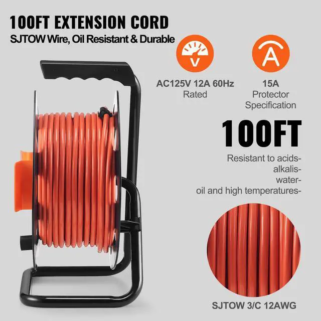 Alt view image 4 of 7 - 100FT Retractable Extension Cord Reel, with 4 Outlets and Dust Cover, Heavy Duty 12AWG SJTOW Power Cord, Portable Handle and Safety Overload Circuit Breaker, for Outdoor Indoor Toolshed Garage