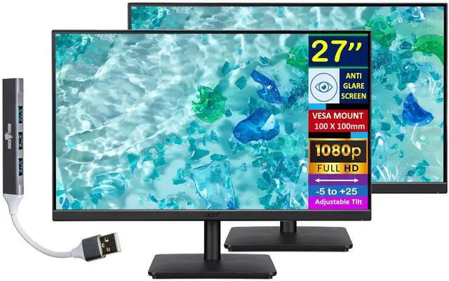 Main image of 27" FHD IPS Monitor with 4ms Response Time (2-Pack) | Anti Glare, VESA Mount (100mm), VGA, HDMI, & Dockztorm Hub, Black Color