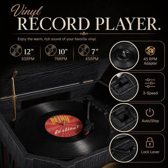 Alt view image 3 of 3 - 10-in-1 Vintage Record Player with Bluetooth, CD, Cassette & Radio | vinyl, CD, cassette, Bluetooth, FM/AM radio, 10 in one vintage wooden record player that complements any home décor