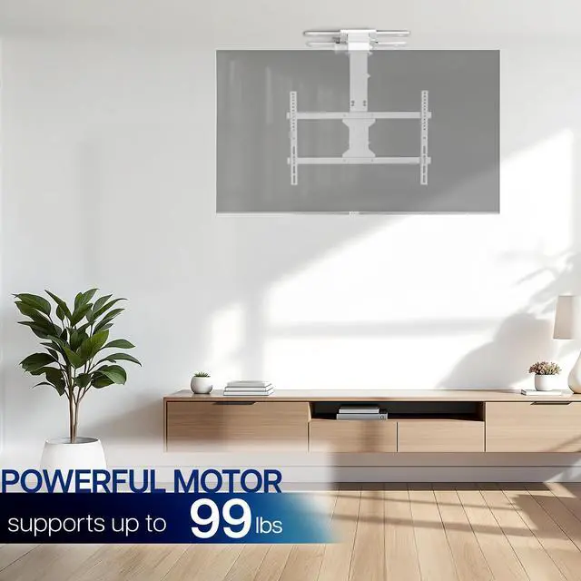 Alt view image 2 of 7 - Electric Flip Down Ceiling TV Mount for 37 to 70 inch Screens, Large Motorized Flat or Pitched Ceiling VESA Mount, Holds up to 99 lbs, App and Voice Control, White, MOUNT-E-FD75CW