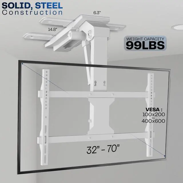 Alt view image 3 of 7 - Electric Flip Down Ceiling TV Mount for 37 to 70 inch Screens, Large Motorized Flat or Pitched Ceiling VESA Mount, Holds up to 99 lbs, App and Voice Control, White, MOUNT-E-FD75CW