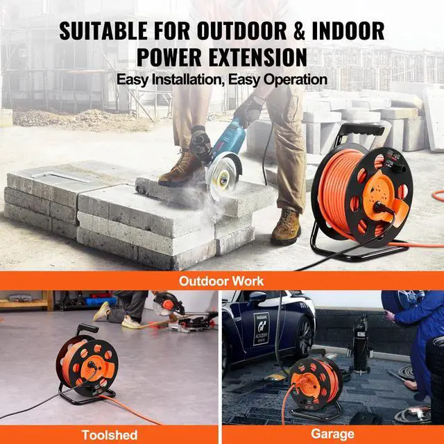 Alt view image 6 of 7 - 100FT Retractable Extension Cord Reel, with 4 Outlets and Dust Cover, Heavy Duty 12AWG SJTOW Power Cord, Portable Handle and Safety Overload Circuit Breaker, for Outdoor Indoor Toolshed Garage