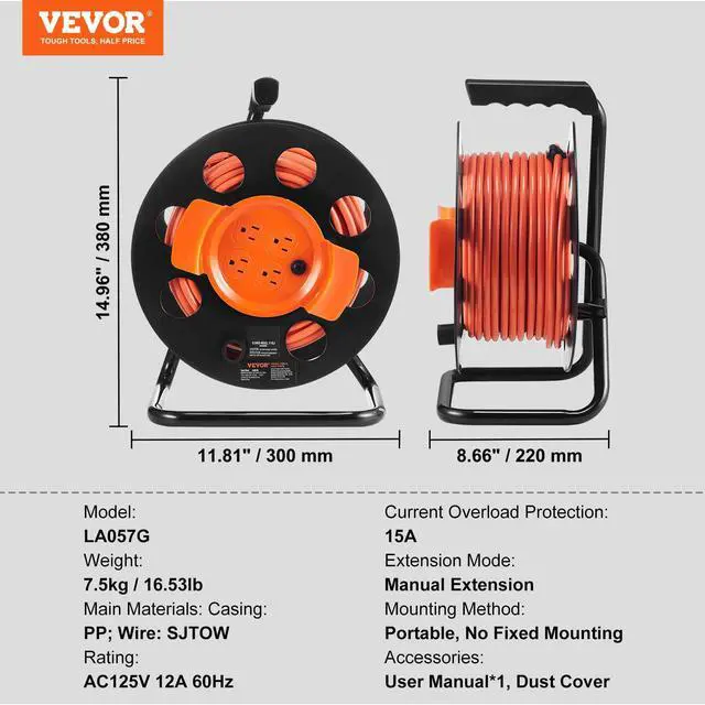 Alt view image 7 of 7 - 100FT Retractable Extension Cord Reel, with 4 Outlets and Dust Cover, Heavy Duty 12AWG SJTOW Power Cord, Portable Handle and Safety Overload Circuit Breaker, for Outdoor Indoor Toolshed Garage