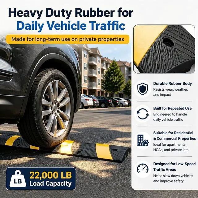 Alt view image 3 of 5 - 72" Rubber Speed Bumps for Road, Heavy Duty Cable Protector Ramp with High Reflective Yellow Stripe Speed Control Bump for Driveway, Garage, Parking Lot(4 Pack)
