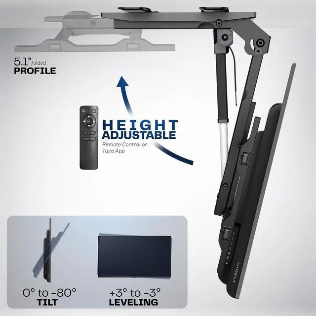 Alt view image 4 of 7 - Black Electric Ceiling TV Mount for 37 to 70 in Screens, MOUNT-E-FD75C | Large Motorized Flip Down TV Mount, Pitched Roof VESA Mount, Heavy Duty Steel, App and Voice Control, Holds 99 lbs