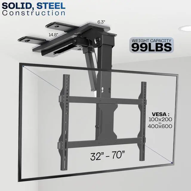 Alt view image 3 of 7 - Black Electric Ceiling TV Mount for 37 to 70 in Screens, MOUNT-E-FD75C | Large Motorized Flip Down TV Mount, Pitched Roof VESA Mount, Heavy Duty Steel, App and Voice Control, Holds 99 lbs