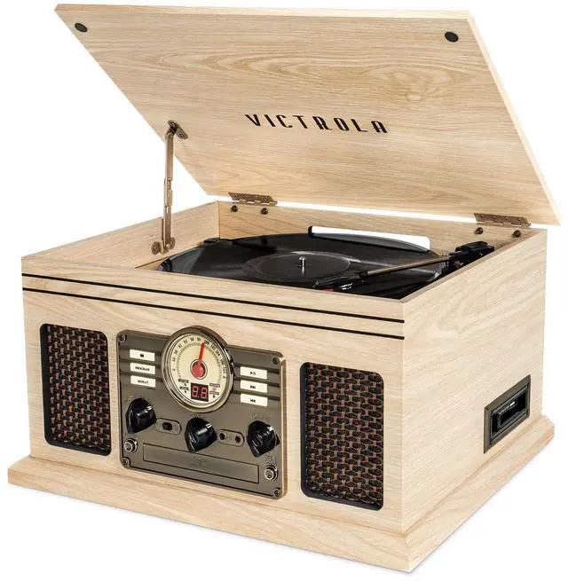 Main image of Quincy - 6-in-1 Bluetooth Record Player - Natural | Plays vinyl, CD, cassette and FM radio through built-in stereo speakers, Bluetooth and aux streaming, headphone jack