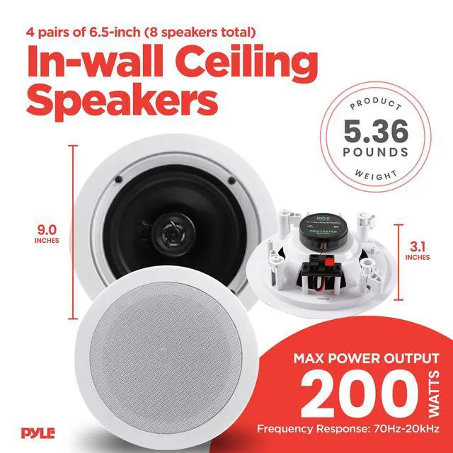 Alt view image 3 of 7 - 4 Pairs 6.5" 200W in Ceiling Wall Speakers, PDIC1661RD, White | 2 Way Flush Mount Stereo Speaker System Pair, Easy to Install Indoor Home Audio Set for Wide Range of Sound