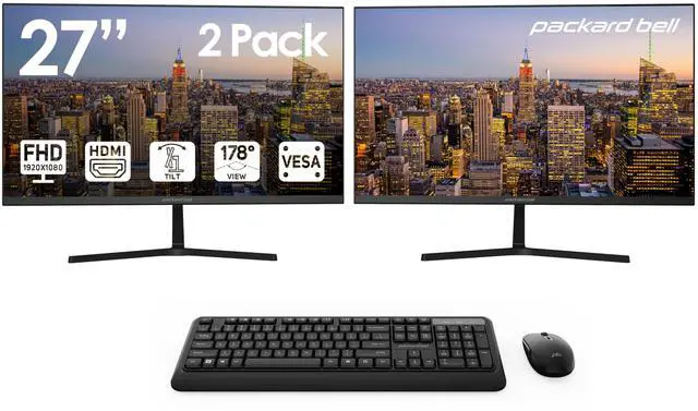Main image of airFrame 27" FHD Monitors + Wireless Keyboard & Mouse, VESA Mount Compatible, HDMI/VGA, Tilt, Slim Bezel, for Home, Office, Light Gaming 2 Pack
