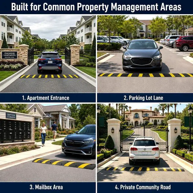 Alt view image 5 of 5 - 72" Rubber Speed Bumps for Road, Heavy Duty Cable Protector Ramp with High Reflective Yellow Stripe Speed Control Bump for Driveway, Garage, Parking Lot(4 Pack)