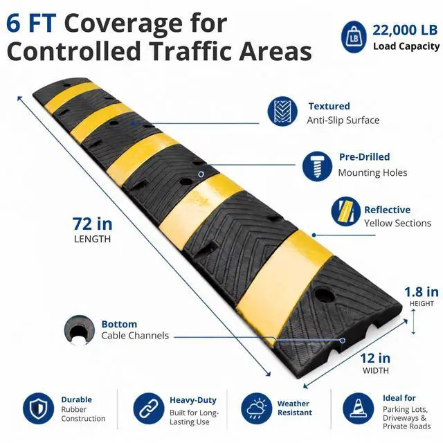 Alt view image 4 of 5 - 72" Rubber Speed Bumps for Road, Heavy Duty Cable Protector Ramp with High Reflective Yellow Stripe Speed Control Bump for Driveway, Garage, Parking Lot(4 Pack)
