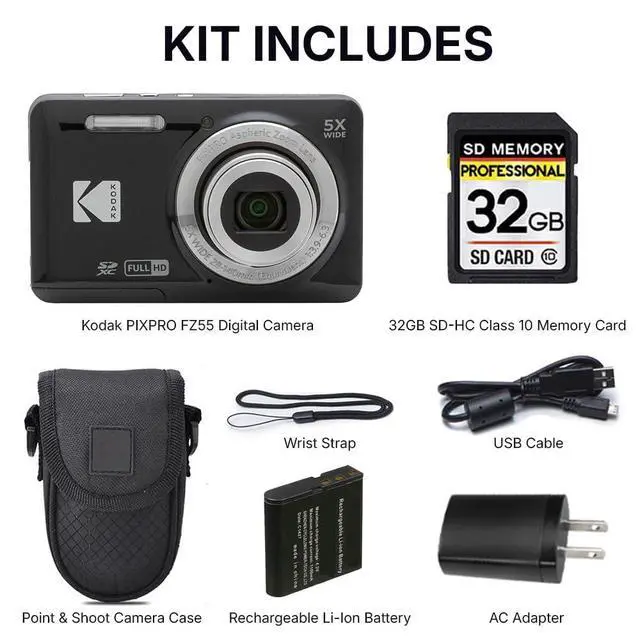 Alt view image 2 of 4 - PIXPRO FZ55 Digital Camera Black | 16MP Compact Point & Shoot, 5X Optical Zoom, 28mm Wide Angle Lens, 1080P Full HD Video, Black + Camera Case & 32GB SD Card