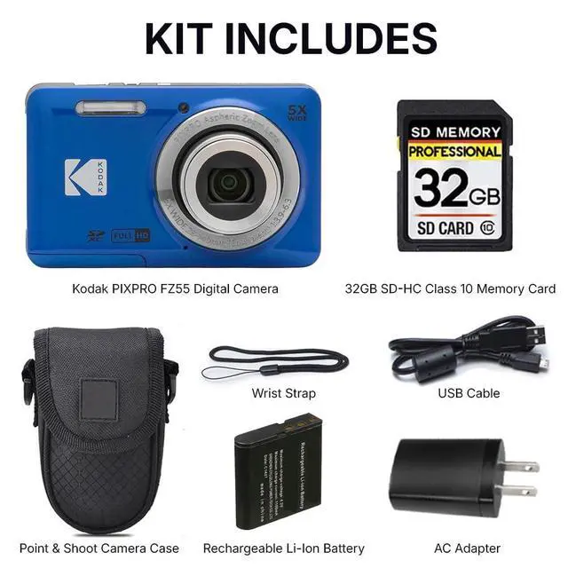 Alt view image 3 of 7 - PIXPRO FZ55 Digital Camera Blue | 16MP Compact Point & Shoot, 5X Optical Zoom, 28mm Wide Angle Lens, 1080P Full HD Video, Blue + Camera Case & 32GB SD Card