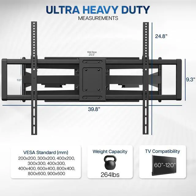 Alt view image 3 of 7 - 60 to 120 inch Large Screen Heavy Duty TV Wall Mount for LCD LED Flat and Curved Screens, Long Arm Articulating Swivel Mount, Max VESA 900x600mm, Black, MOUNT-VW120L