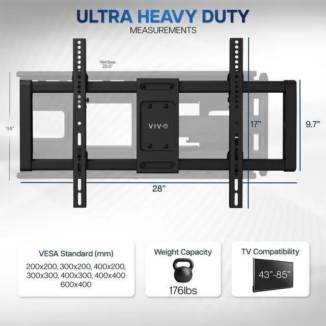 Alt view image 3 of 7 - Heavy Duty 43 to 85 inch Large Screen TV Articulating Wall Mount for LCD LED Flat and Curved Screens, Extra Extended Long Arm Swivel Mount, Max VESA 600x400mm, Black, MOUNT-VW085L
