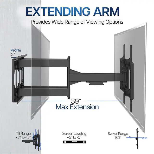 Alt view image 5 of 7 - Heavy Duty 43 to 85 inch Large Screen TV Articulating Wall Mount for LCD LED Flat and Curved Screens, Extra Extended Long Arm Swivel Mount, Max VESA 600x400mm, Black, MOUNT-VW085L