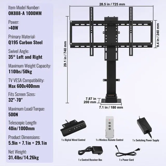 Alt view image 6 of 7 - Swivel Motorized TV Lift Stroke Length 40 Inch Motorized TV Mount Fit for 32-70 Inch TV Lift with Remote Control Height Adjustable 28.74-68.11 Inch,Load Capacity 154 Lbs,Manual Swivel L/R 30°