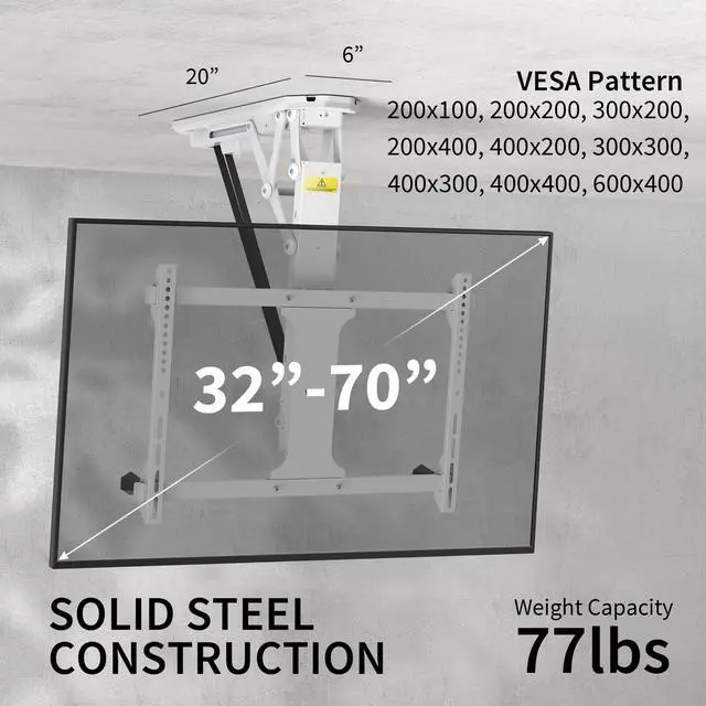 Alt view image 2 of 7 - White Electric Ceiling TV Mount for 32 to 70 in Screens, MOUNT-E-FD70W | Large Motorized Flip Down TV Mount, Pitched Roof VESA Mount, Heavy Duty Steel Design, Low Profile, Master Pack, Holds 77 lbs