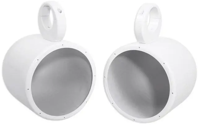 Main image of MAC80W White 7.7" Aluminum Speaker Pod Pair with Surface Clamps | White 6061 Aluminum Enclosures, 2 MAC360W 360° Surface Clamps, Stainless Quick-Release Hardware, 4-Items